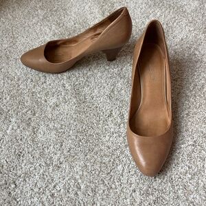Tan Aldo pumps with tapered faux-wood heels